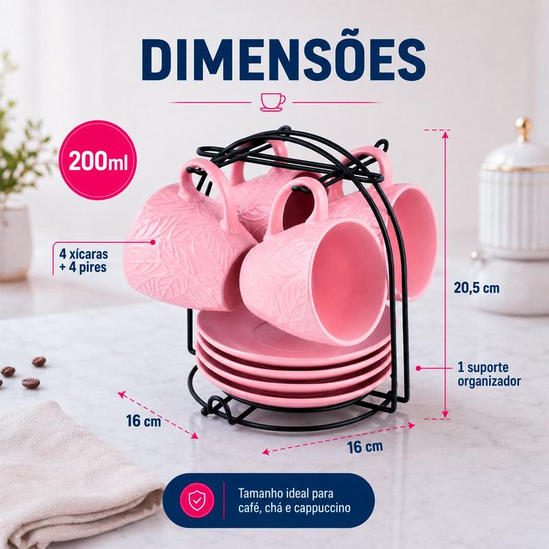 Jogo 4 Xícaras Relevo 200ml Com Pires E Suporte Decorativo - DOLCE